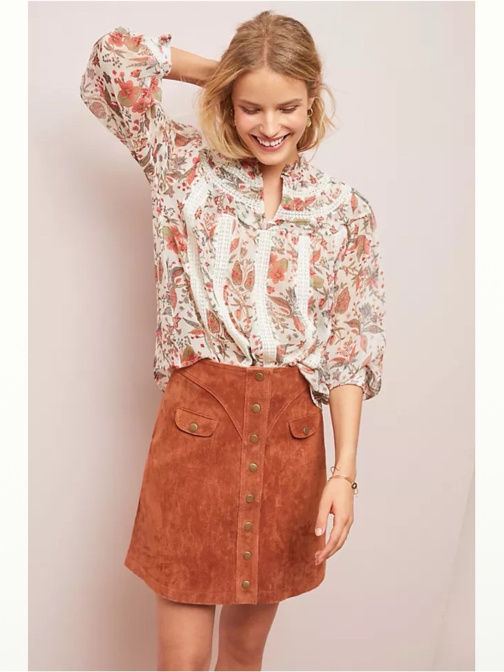 Anthropologie / Elena Floral Blouse in Red Pattern